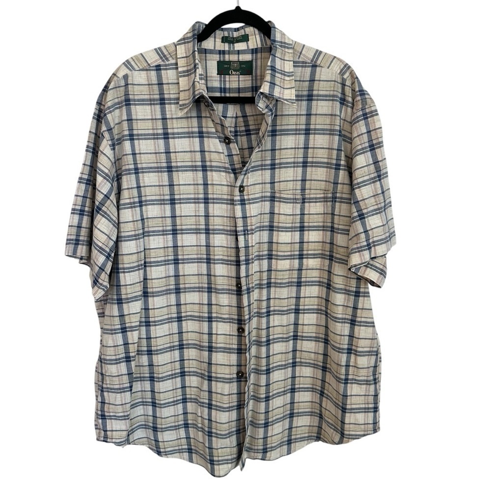 Orvis Vintage Short Sleeve Blue & Tan Plaid Cotton Button Up Shirt Sz XL GUC